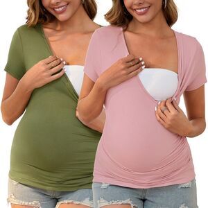 2 Pack Wrap V Neck Breastfeeding Stretch Maternity T-Shirt Pink&Army Green